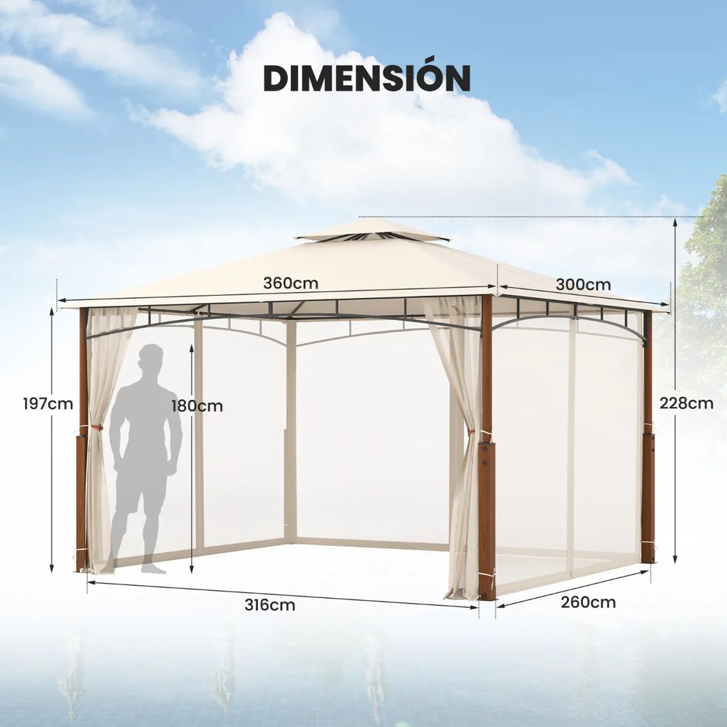 Pérgula 3,6 x 3 m com rede 2 níveis Telhado com estrutura metálica Tenda de jardim com telhado duplo para pátio exterior Terraço Bege