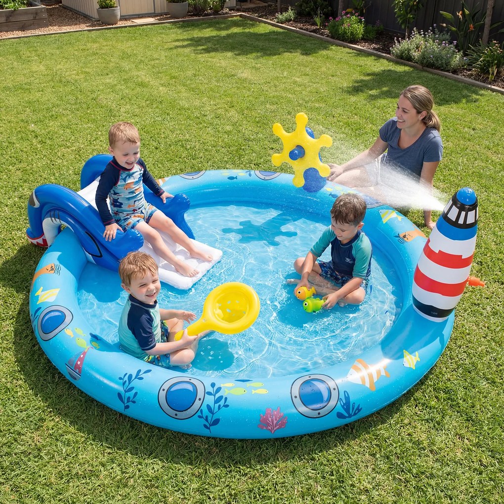Piscina insuflável infantil 188 x 153 x 63 cm com parque aquático temático marinho, escorrega em forma de tubarão, aspersor de água e jogo de pesca pa