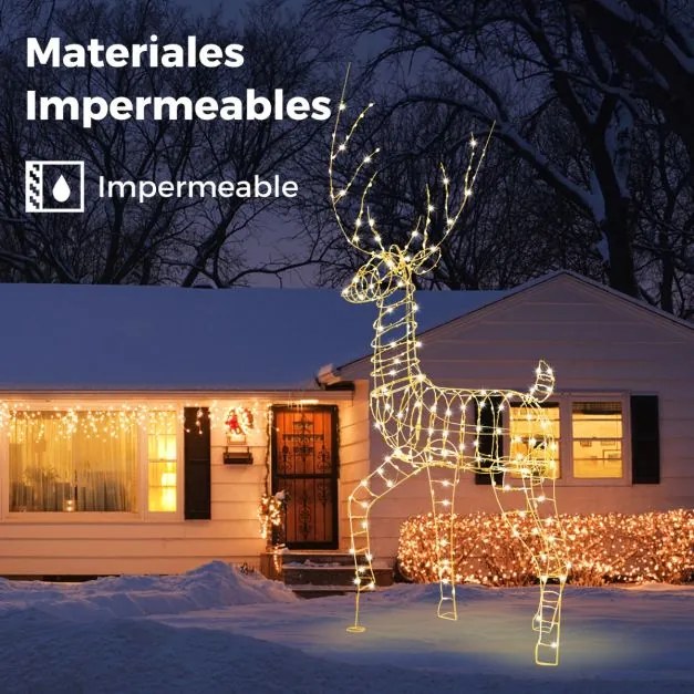 Rena de Natal pré-iluminada de 186 cm com estrutura metálica Decoração de Natal 3D com 300 luzes LED em branco quente Cervos iluminados