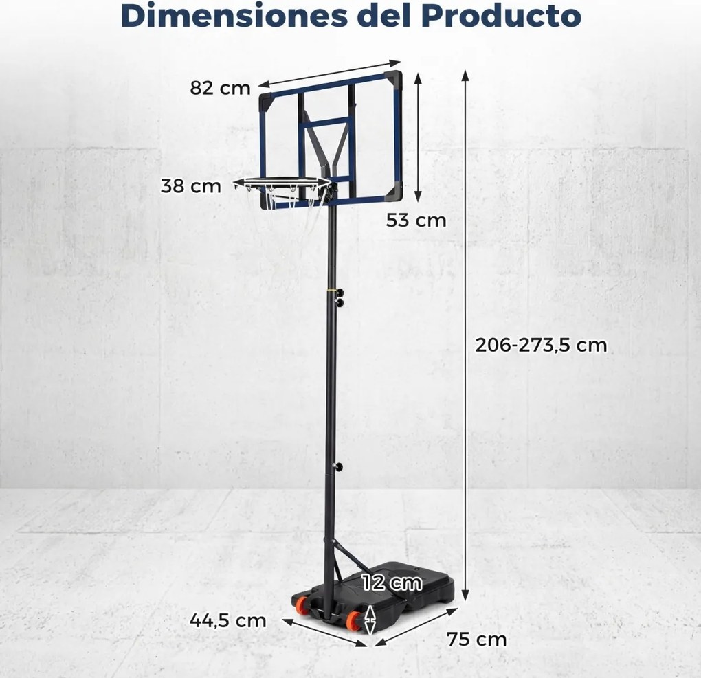 Cesto de basquetebol infantil com altura ajustável (206-273,5 cm), base recheável, rodas, para interior e exterior, preto