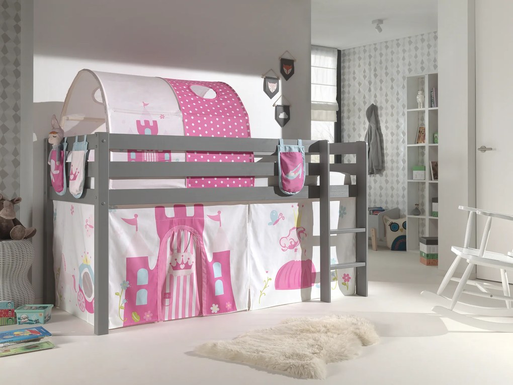 Conjunto Cama alta de Criança PINO 90 x 200 cm + estrado + escada + cortina + 3 Bolsas + Tunel Princesa Cinzenta