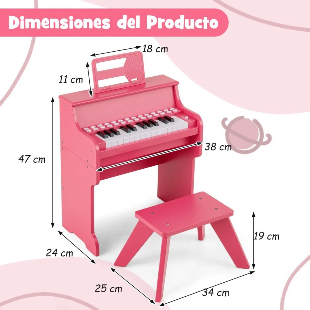 Piano de brincar com 25 teclas para crianças 38 x 24 x 47 cm, com banco e suporte, velocidade e volume ajustáveis, modo de aprendizagem, design em mad