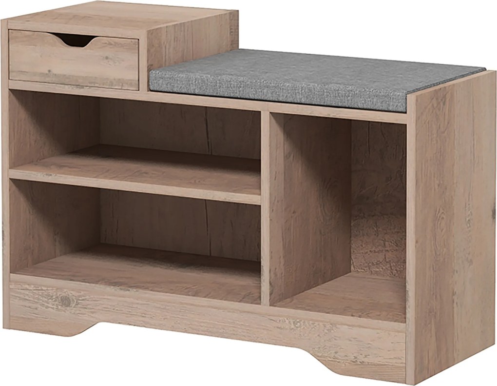 Banco para sapatos com 1 gaveta e 3 compartimentos, com almofada estofada com capacidade para 5 pares, 76,5 x 30 x 52 cm, cinzento