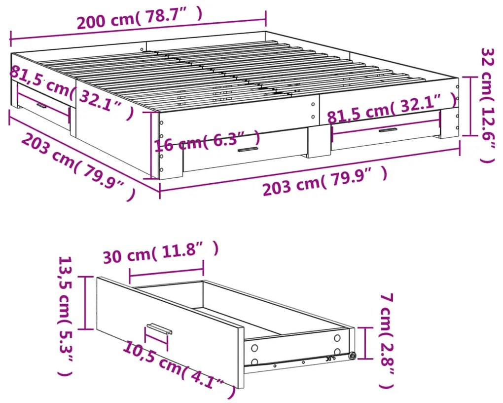 Estrutura de cama c/ gavetas 200x200cm derivados madeira branco