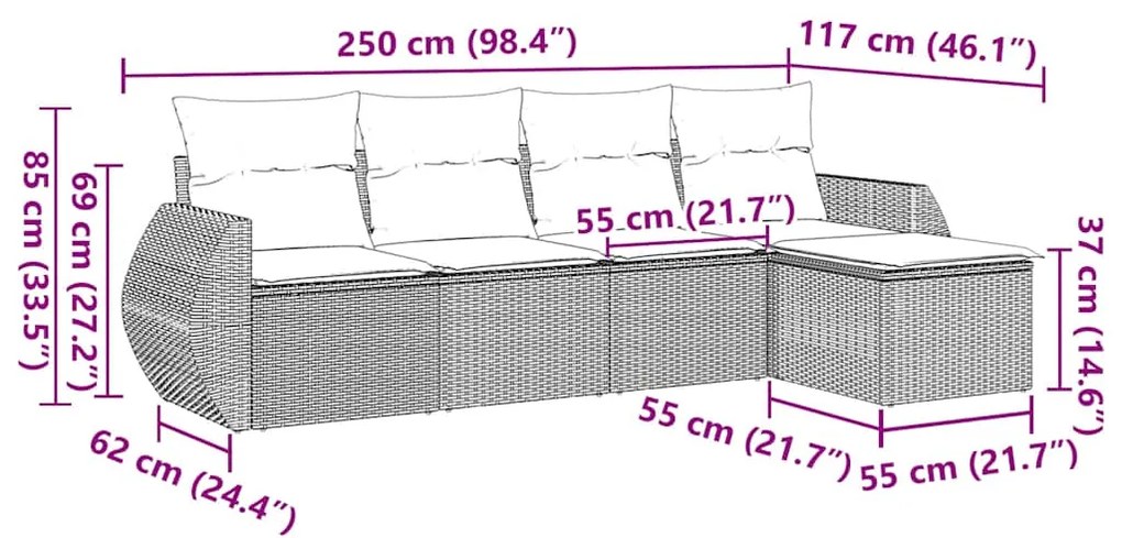 5 pcs conjunto sofás de jardim com almofadões vime PE preto