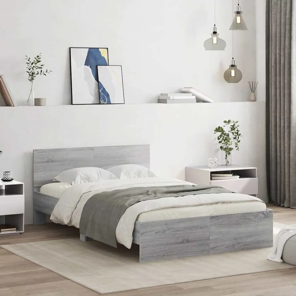 Estrutura cama c/ cabeceira/luzes LED 140x190cm cinzento sonoma