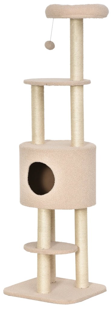 PawHut Arranhador para Gatos Altura 148 cm Arranhador para Gatos com Postes de Sisal 3 Plataformas Casa e Bola Suspensa Bege