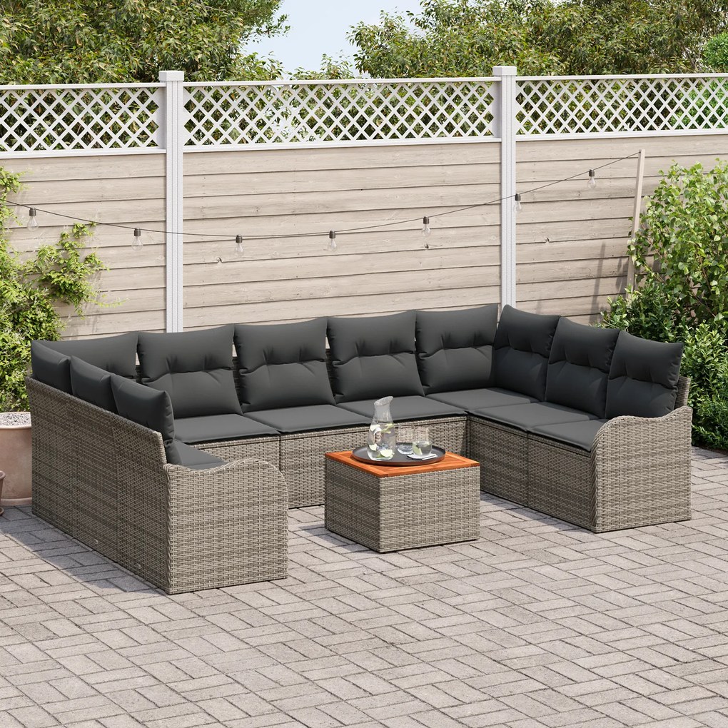Conjunto de Sofá de Jardim de 10 Peças com Almofadas Cinza Poly Rattan