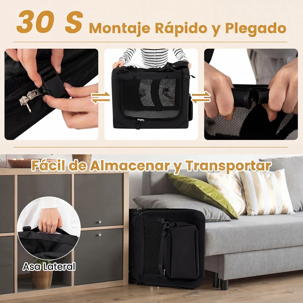 Transportadora dobrável tamanho S 61 x 43 x 43 cm para animais de estimação, com janelas de rede, 3 portas, cama felpuda e bolsos removíveis, para uso