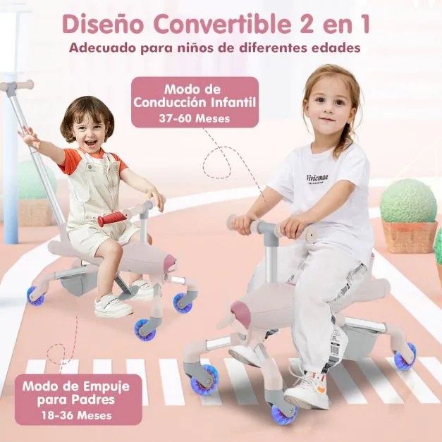 Carrinho de bebé 2 em 1 com tema de avião, rodas iluminadas por LED, pega amovível, apoio para os pés dobrável e ajustável para crianças dos 18 aos 70