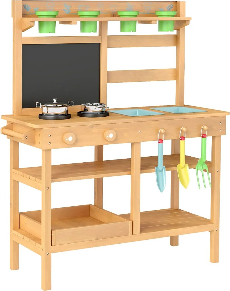 Cozinha de brincar para crianças de madeira 79 x 32 x 95 cm para exterior com torneira Pias removíveis Quadro negro Placas de cozedura natural