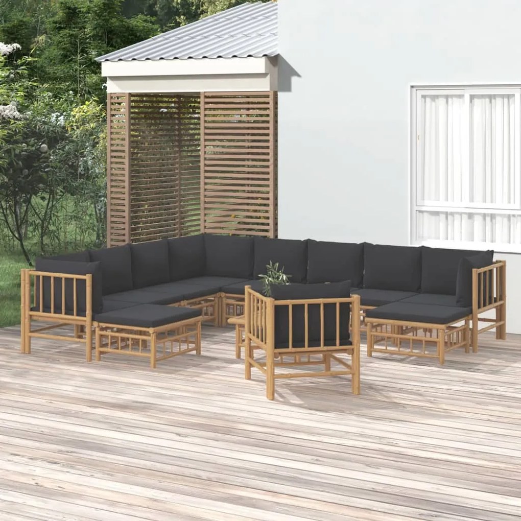 vidaXL 12 pcs conj. lounge de jardim bambu c/ almofadões cinza-escuro