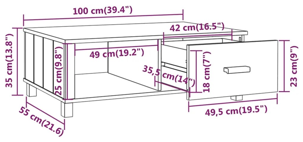 Mesa de centro 100x55x35 cm pinho maciço cinzento-escuro