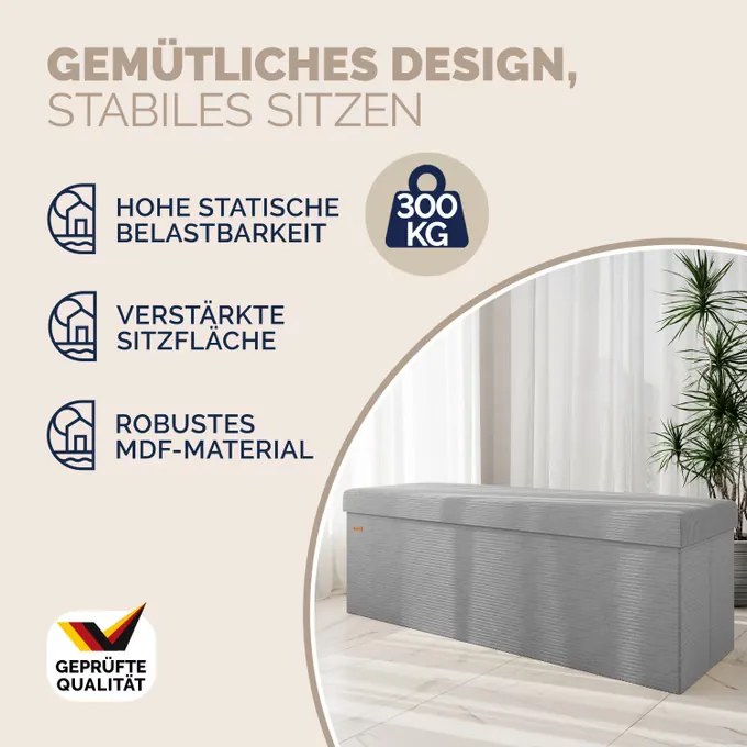 Banco dobrável em cordão macio com espaço de arrumação 114 x 38 x 38 cm Cinzento