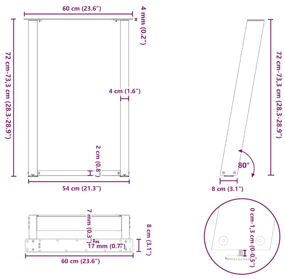 Pés para mesa de jantar em formato de U, 2 peças, branco, 60x(72-73) c