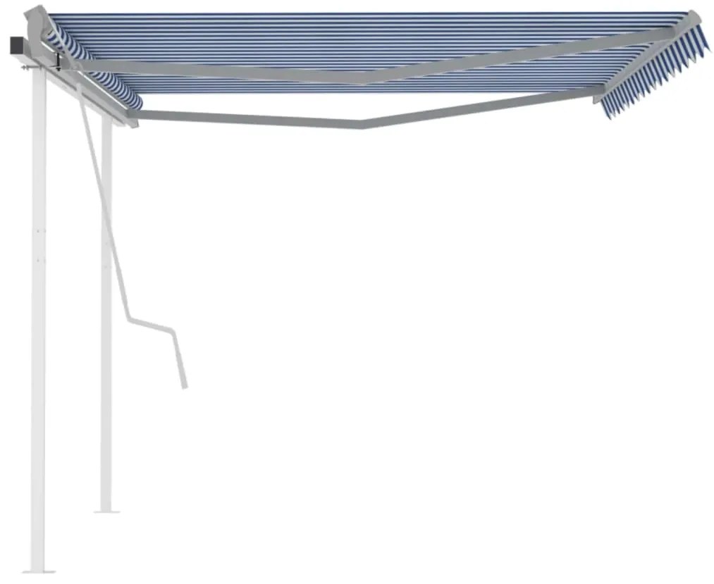 Toldo retrátil manual com postes 4x3,5 m azul e branco