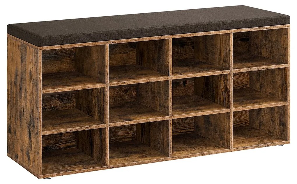 Banco sapateira com espaço de arrumação 12 compartimentos 30,3 x 104 x 48 cm castanho vintage