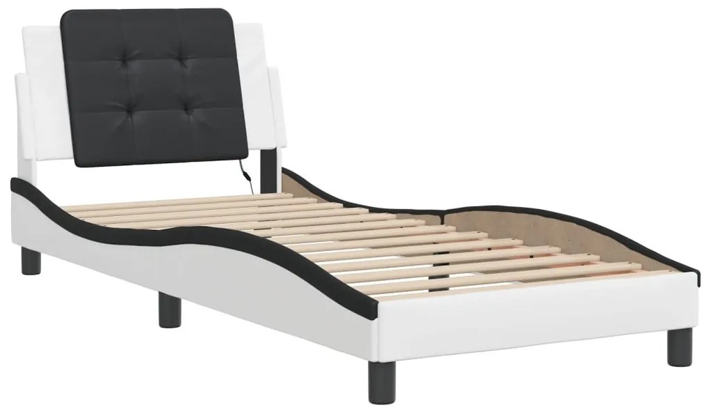 Estrutura cama c/ luzes LED 90x190 cm couro artif. branco/preto