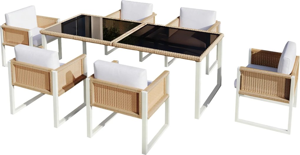 Conjunto de jantar em polyrattan para 6 pessoas, tampo de vidro temperado, capas removíveis e laváveis, Castanho+Branco| AOSOM Portugal