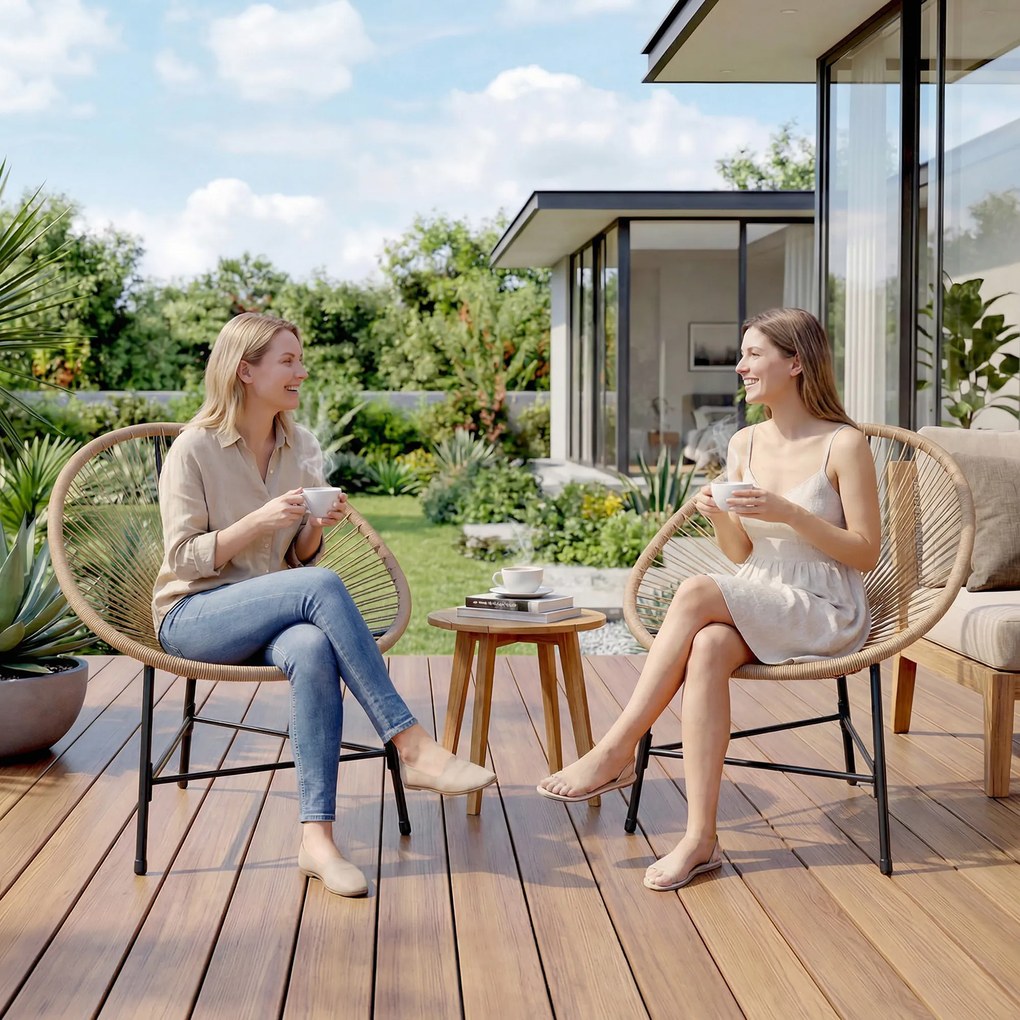 Conjunto de 2 Cadeiras Acapulco de Jardim em Vime Sintético Cadeiras para Exterior com Estrutura de Aço Madeira