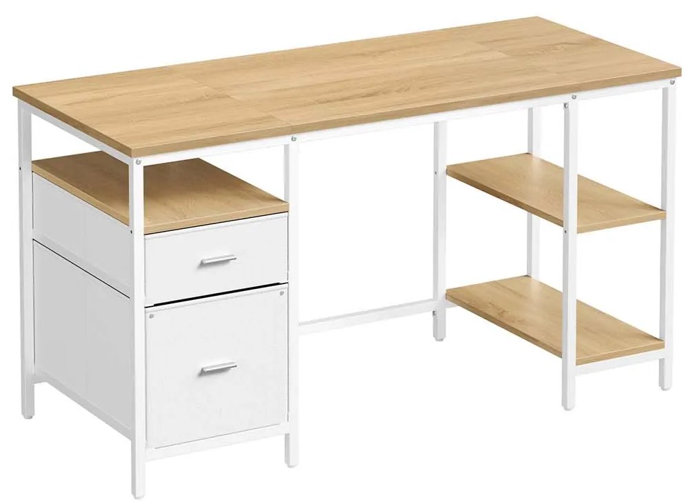 Secretária com 3 prateleiras e 2 gavetas 60 x 140 x 76 cm cor de carvalho natural + branco