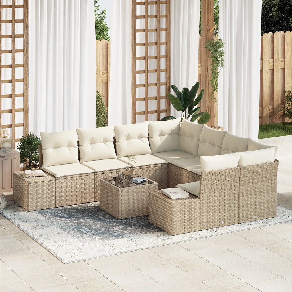Conjunto de Sofá de Jardim de 9 Peças com Almofadas Bege Rattan Polido