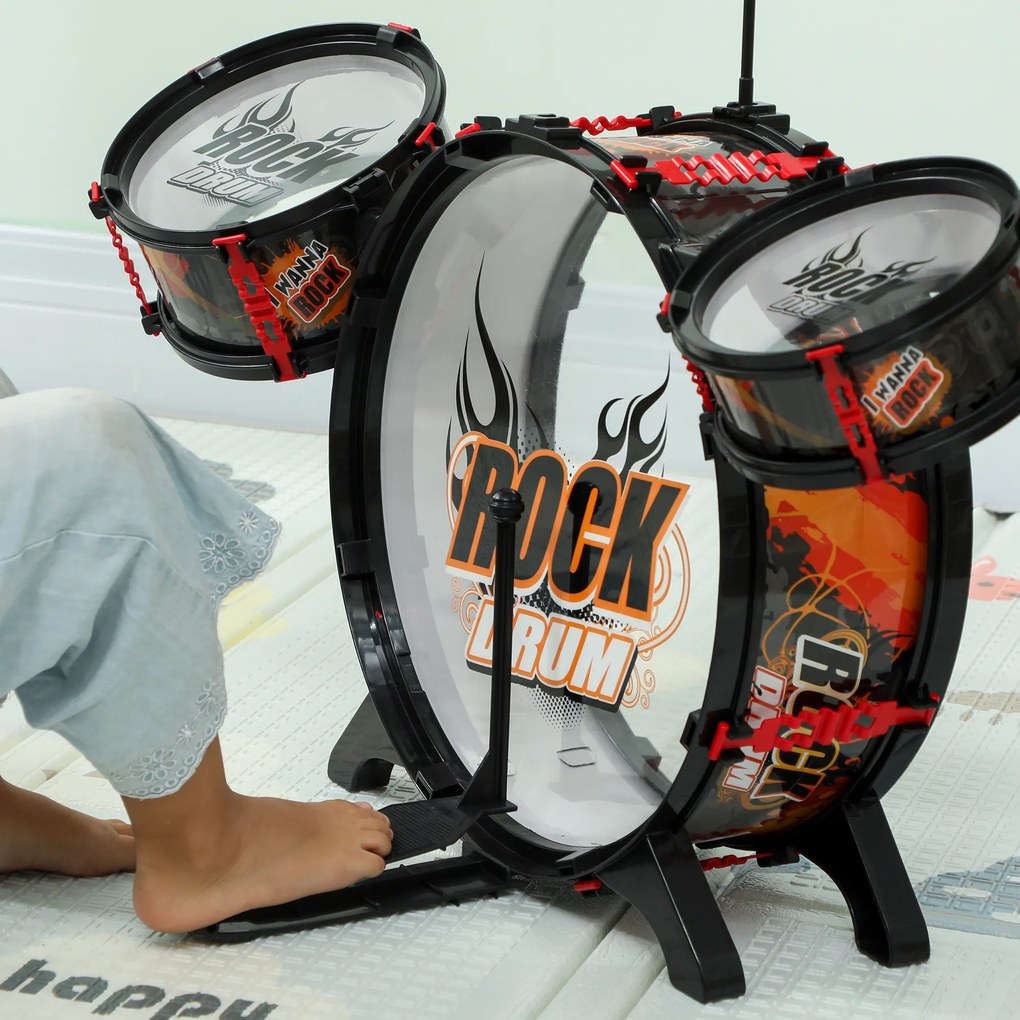 Bateria para Crianças com Banco Tambores, Bumbo Prato e Baquetas para Iniciantes 59,5x31,5x59 cm Preto