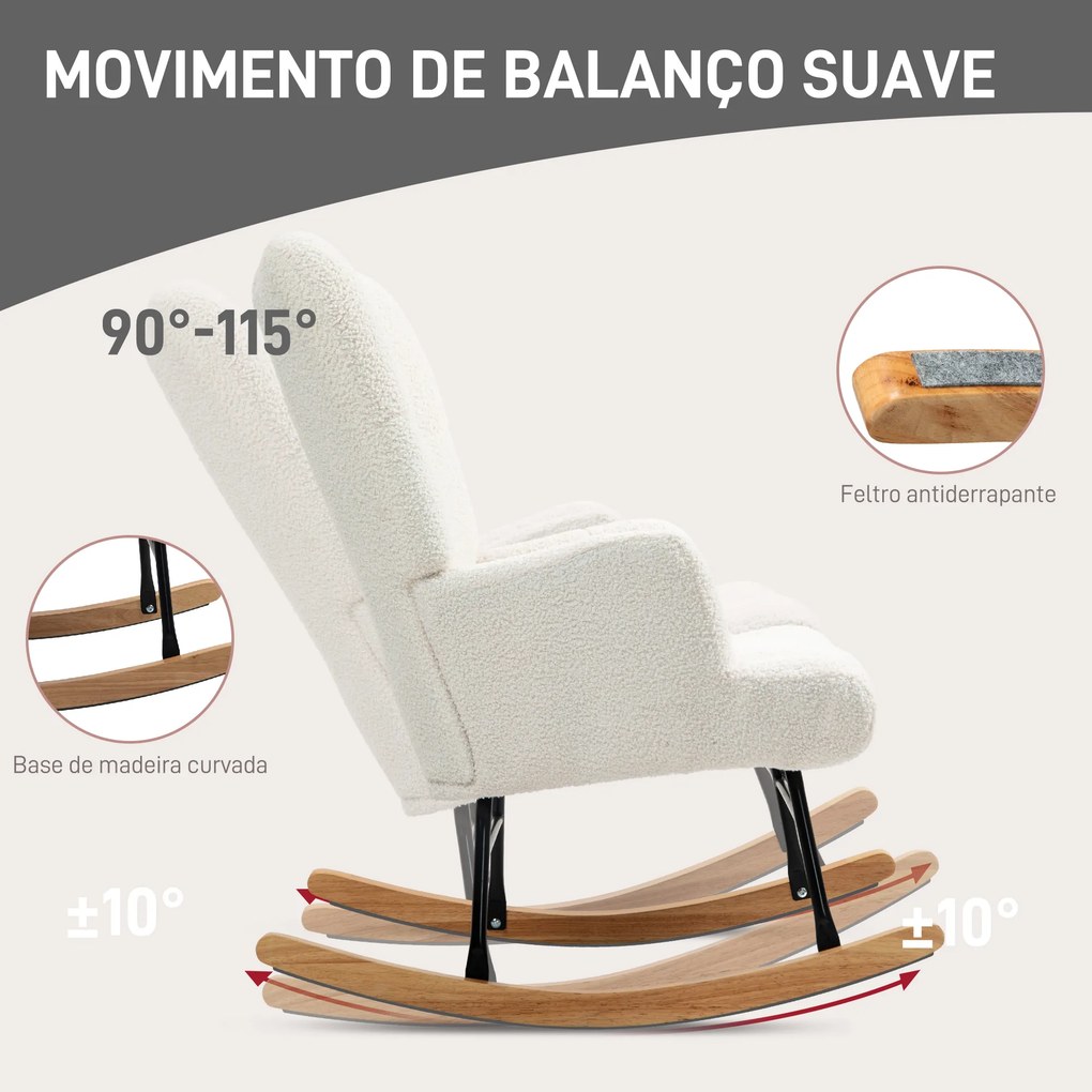 Poltrona Baloiço em Borrego Poltrona para Amamentação com Encosto Capitonê e Base de Madeira 65x88x87 cm Creme