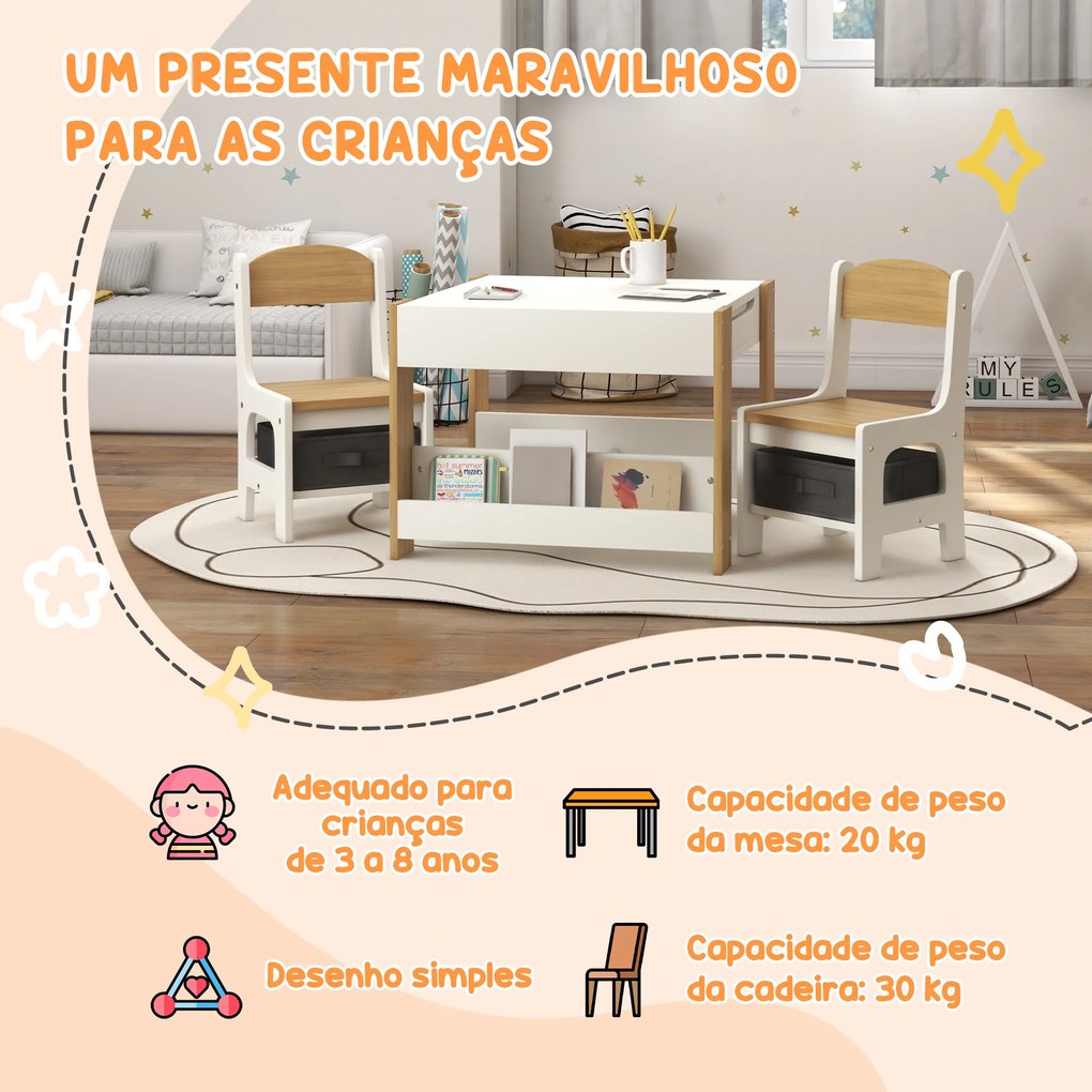 Conjunto de Mesa e 2 Cadeiras Infantis 2 em 1 com Ardósia Gavetas de Tecido e Espaço de Armazenamento para Quarto Cinza, branco e madeira