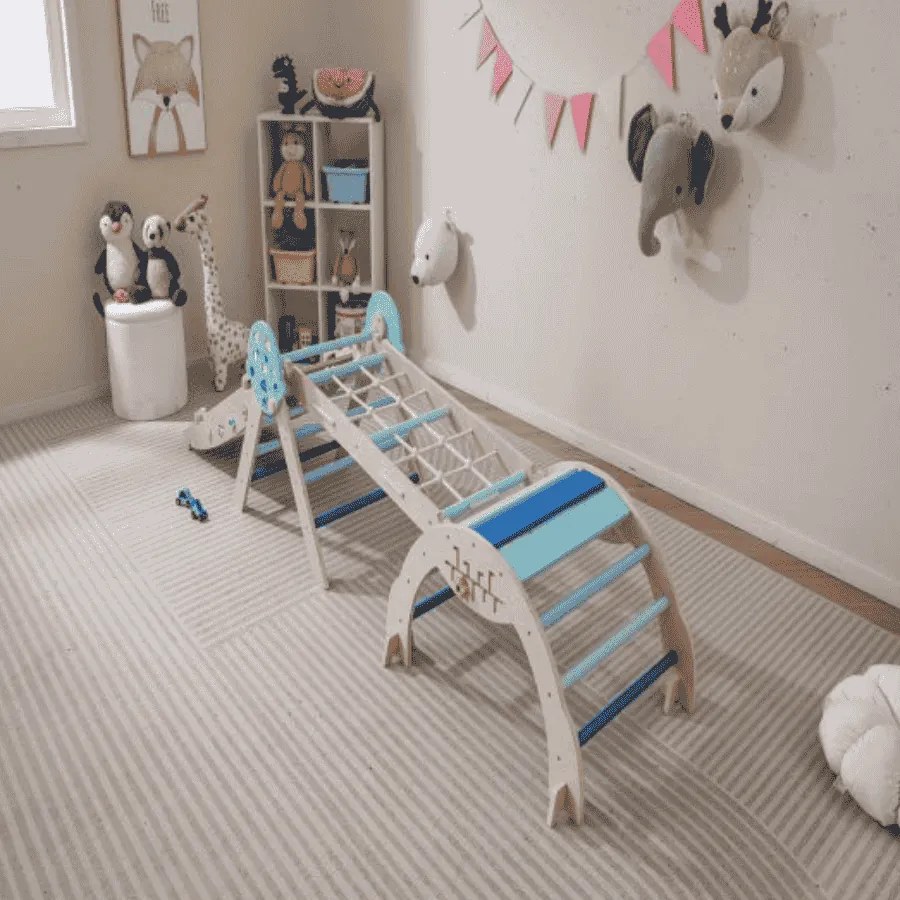 Conjunto Triângulo para escalada Bebés 8 em 1 Montessori de escalada em madeira com tema de astronauta Azul