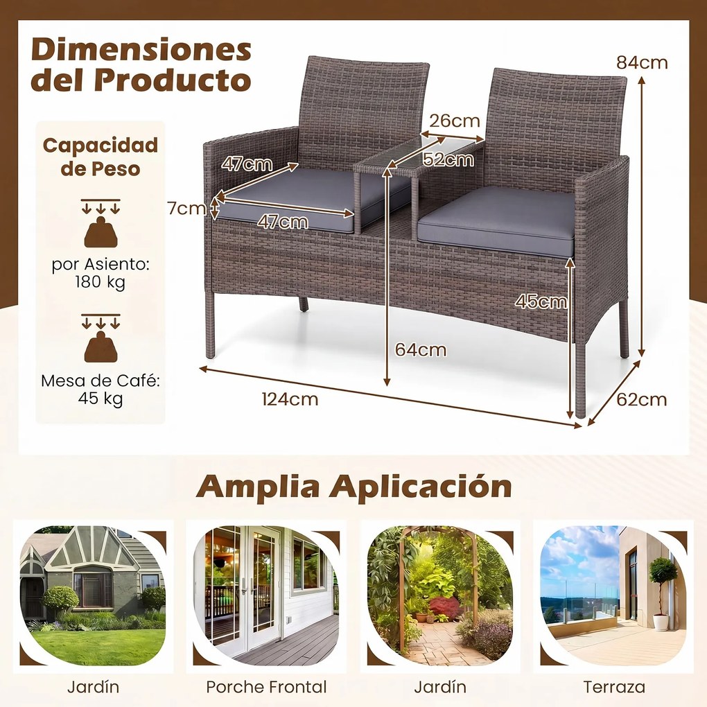 Banco jardim de rattan com mesinha para 2 pessoas em vidro temperado 62 x 124 x 84 cm, estante aberta, estrutura metálica, almofadas e capas laváveis,