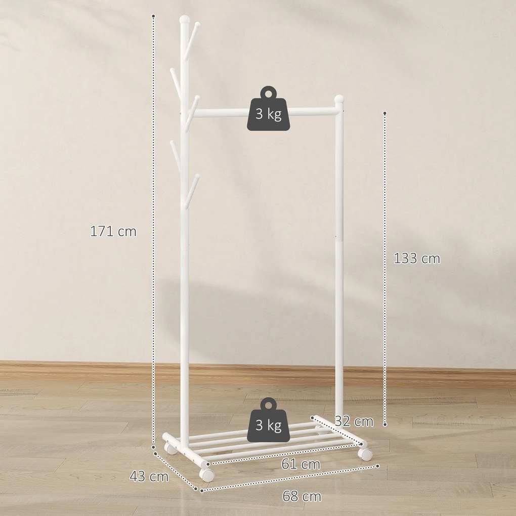 Guarda Roupa com Rodas 5 Ganchos Barra para Pendurar e Prateleira Inferior 68x43x171 cm Branco