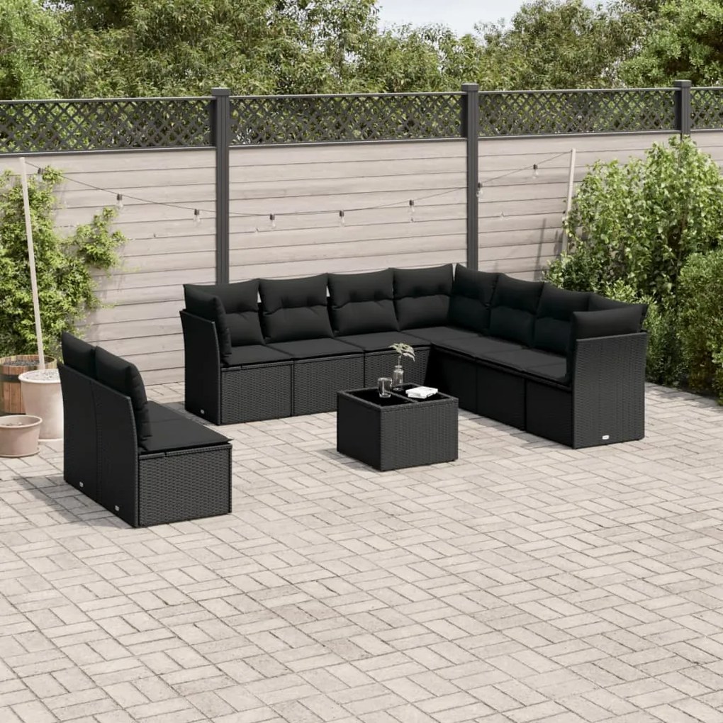 vidaXL 10 pcs conjunto sofás de jardim c/ almofadões vime PE preto