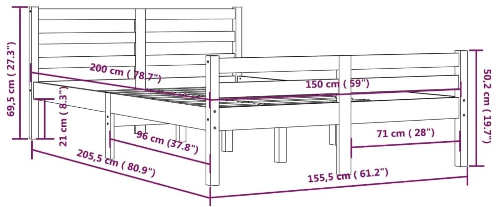 Estrutura de cama king 150x200 cm madeira maciça cinza