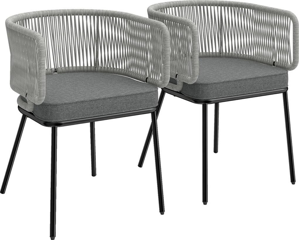 Conjunto de 2 cadeirões de jardim, encosto e braços em corda de resina trançada, almofadas removíveis, 46 x 58 x 72 cm, cinzento claro
