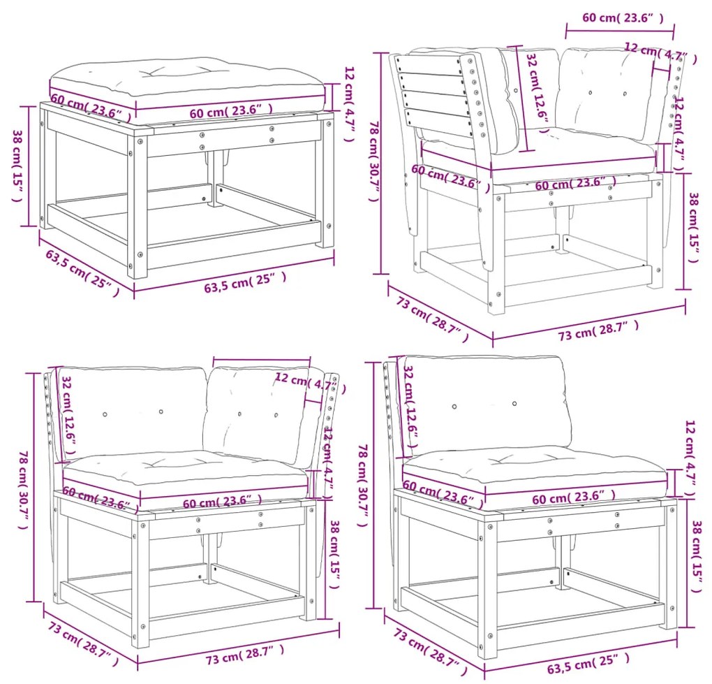5 pcs conjunto lounge de jardim c/ almofadões pinho maciço