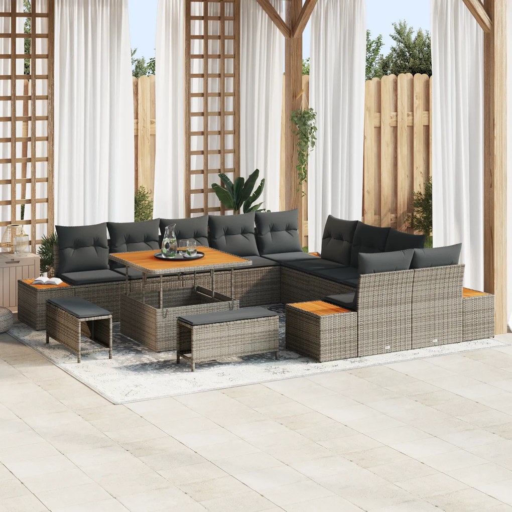 Conjunto de Sofás de Jardim vidaXL com Almofadas Cinzento Poly Rattan Acácia