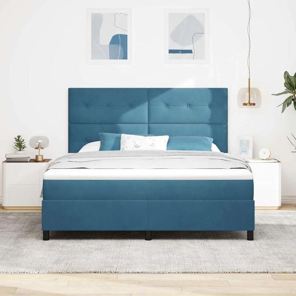 Cama Box Spring vidaXL com Colchão e LED Azul Escuro 180x200 cm Veludo