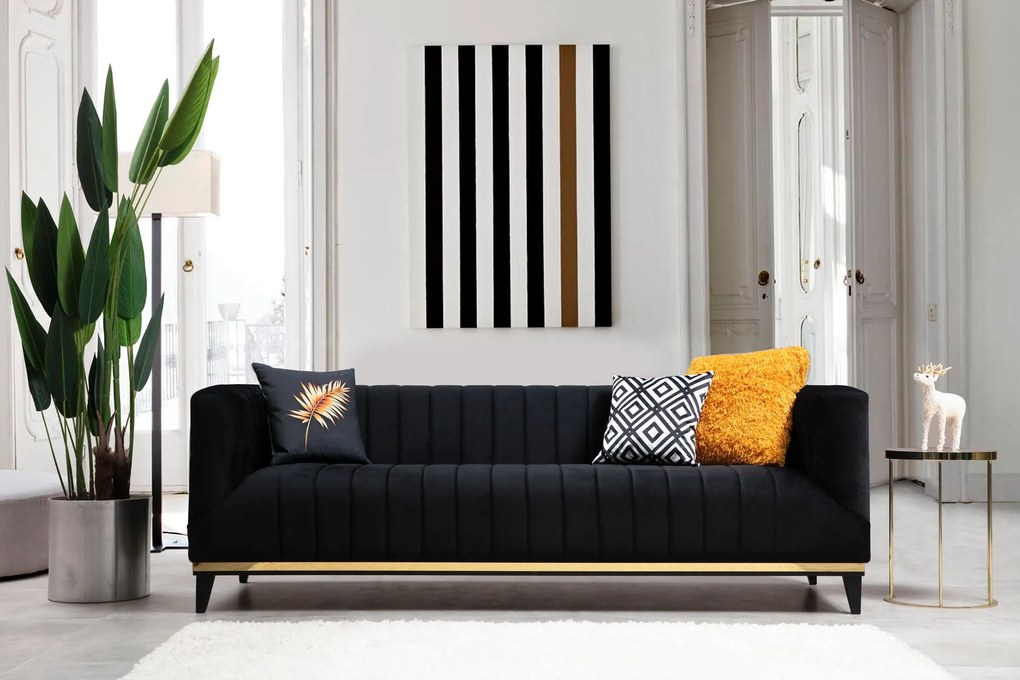 Sofá de 3 Lugares Bellino – Preto e Dourado – 222x89x75 cm