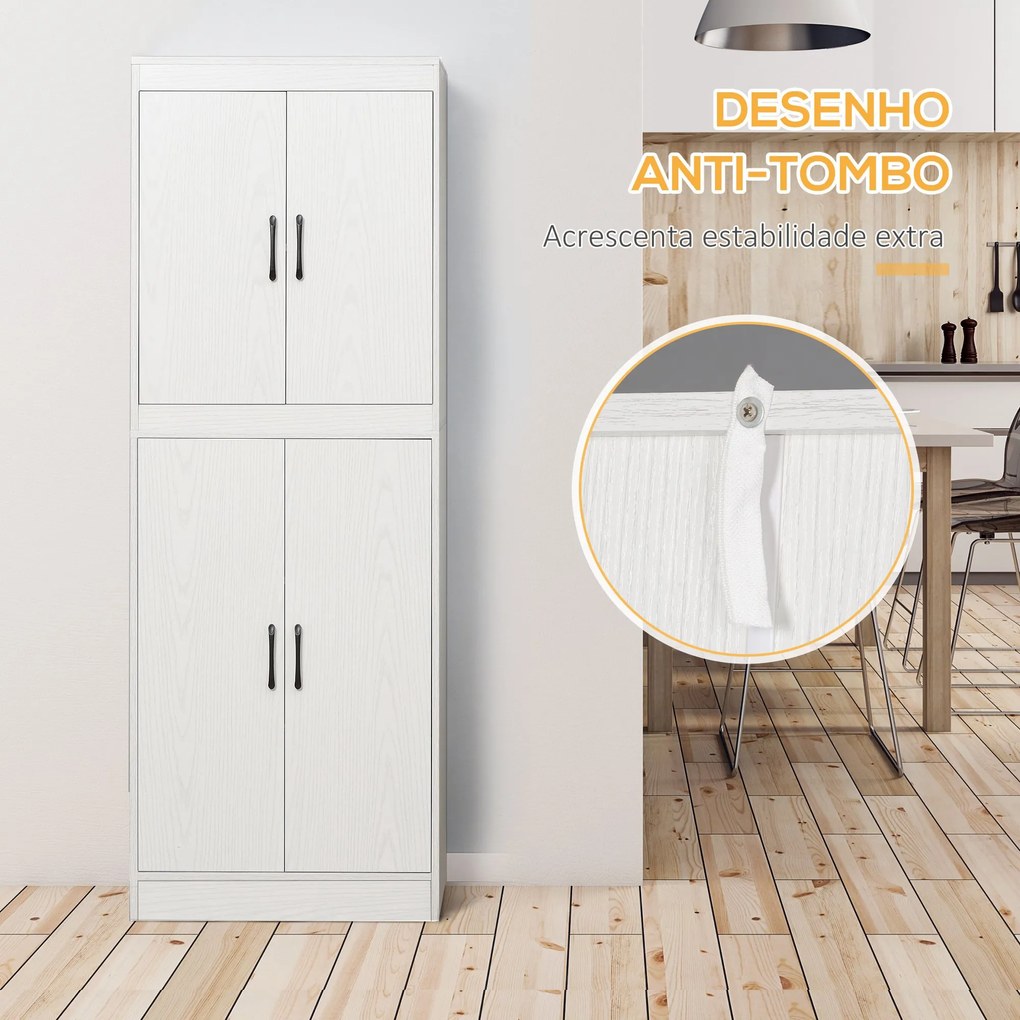 Armário de Cozinha Móvel Auxiliar de Cozinha com 4 Portas e 5 Prateleiras para Cozinha Sala de Jantar Estilo Moderno Anti-Tombo 60x36x168cm Branco