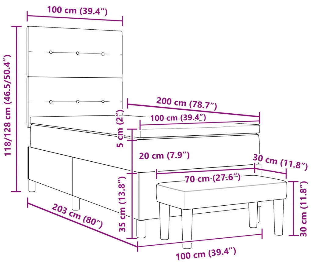 Cama Box com Colchão e Banco vidaXL Azul 100x200 cm em Tecido