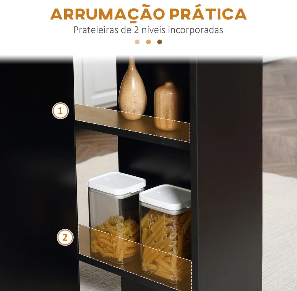 Mesa de Cozinha Dobrável com 2 Prateleiras de Armazenamento e Laterais Dobráveis 75x140x74 cm Preto