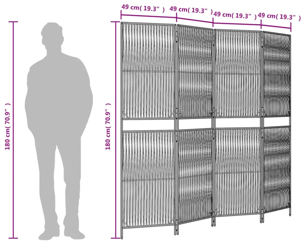 Biombo de divisão 4 painéis vime PE preto