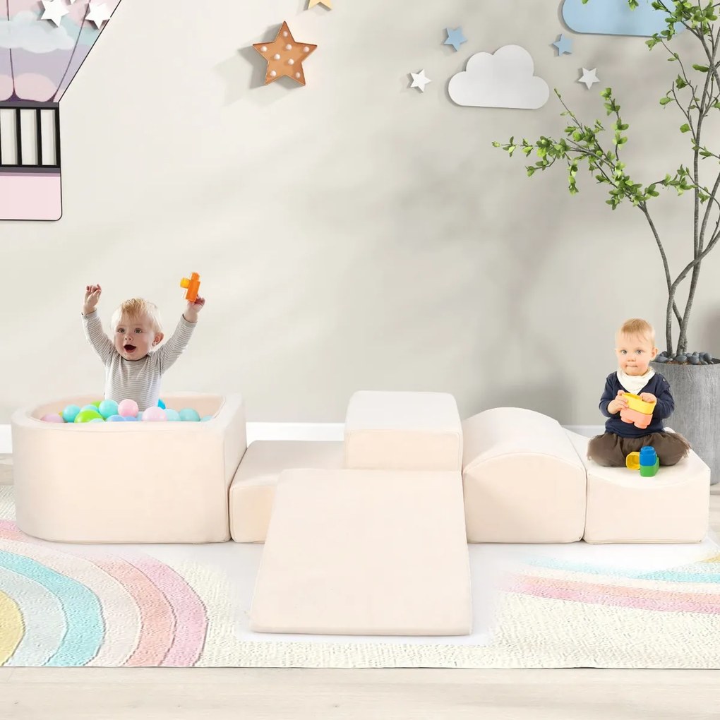 Conjunto infantil de 5 peças para trepar e fazer rampas Blocos de construção em esponja com piscina de bolas Cobertura lavável Criativo Bege
