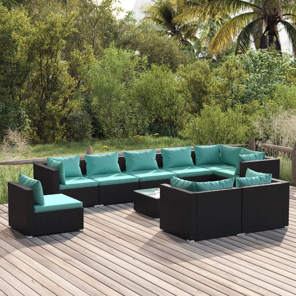 10 pcs conjunto lounge de jardim c/ almofadões vime PE preto