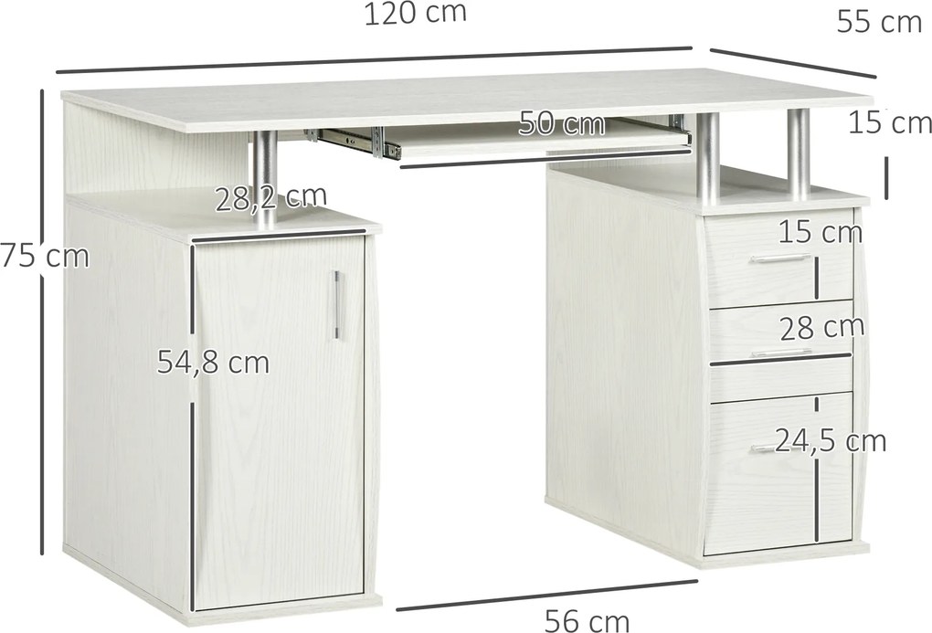 Secretária de Computador, 120 x 55 x 75 cm, 3 Gavetas, Branca