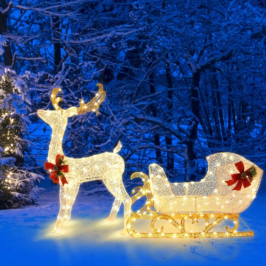Conjunto de Rena e Trenó do Pai Natal, 50 x 184 x 123 cm, Pré-iluminado com 215 Luzes LED, Branco