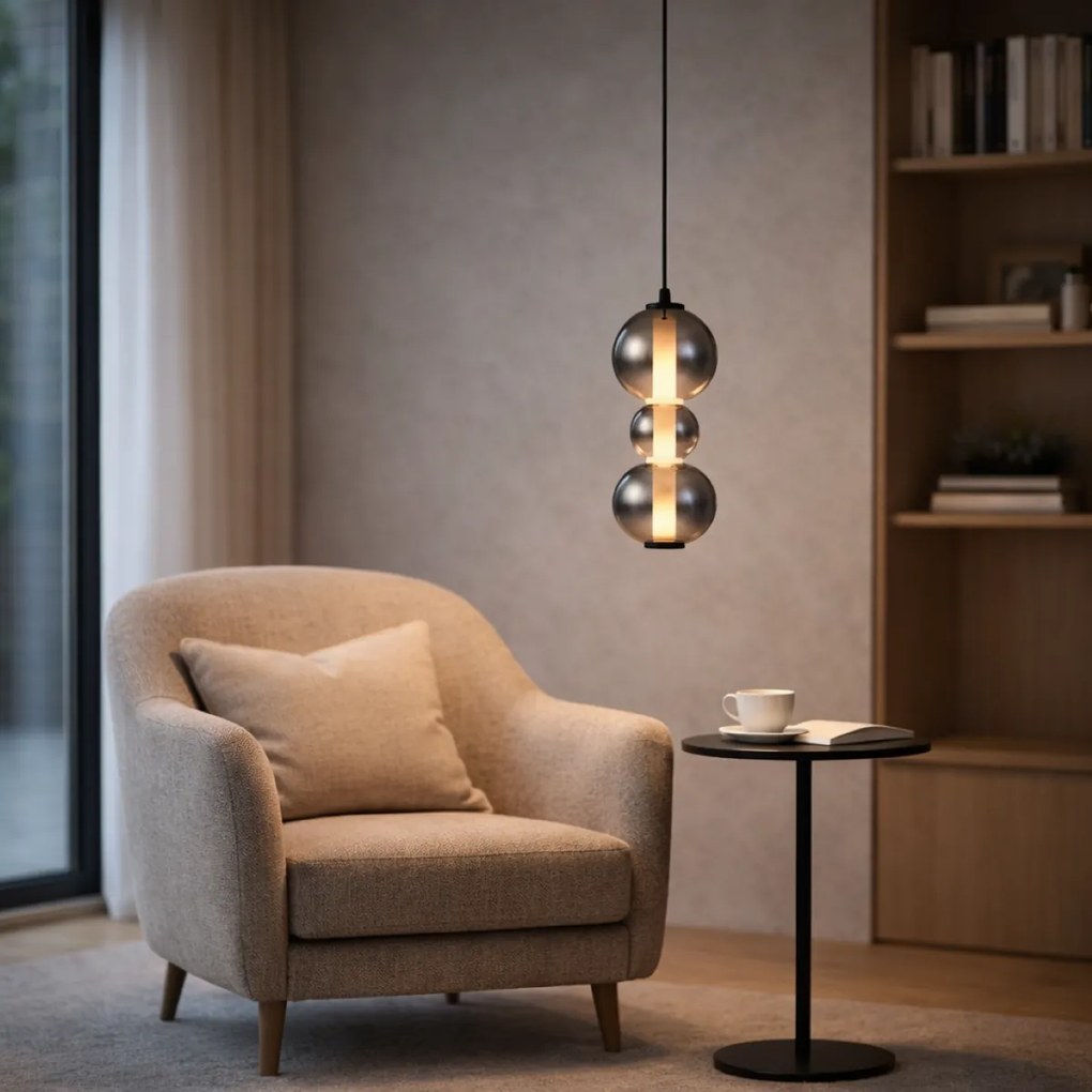 Candeeiro suspenso Art Deco preto com vidro fumado e transparente 3 luzes incluindo LED - Lizzy