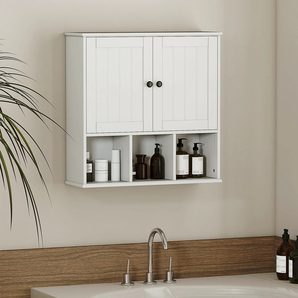 Armário de parede para casa de banho, móvel de arrumação com 2 portas, prateleira ajustável e compartimentos abertos, branco