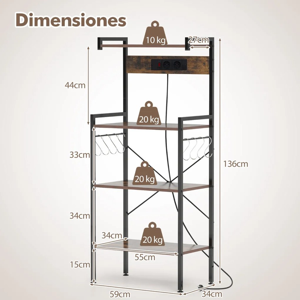 Armário de cozinha com tomadas Estante de micro-ondas de 4 níveis com 8 ganchos 59 x 34 x 136 cm Castanho